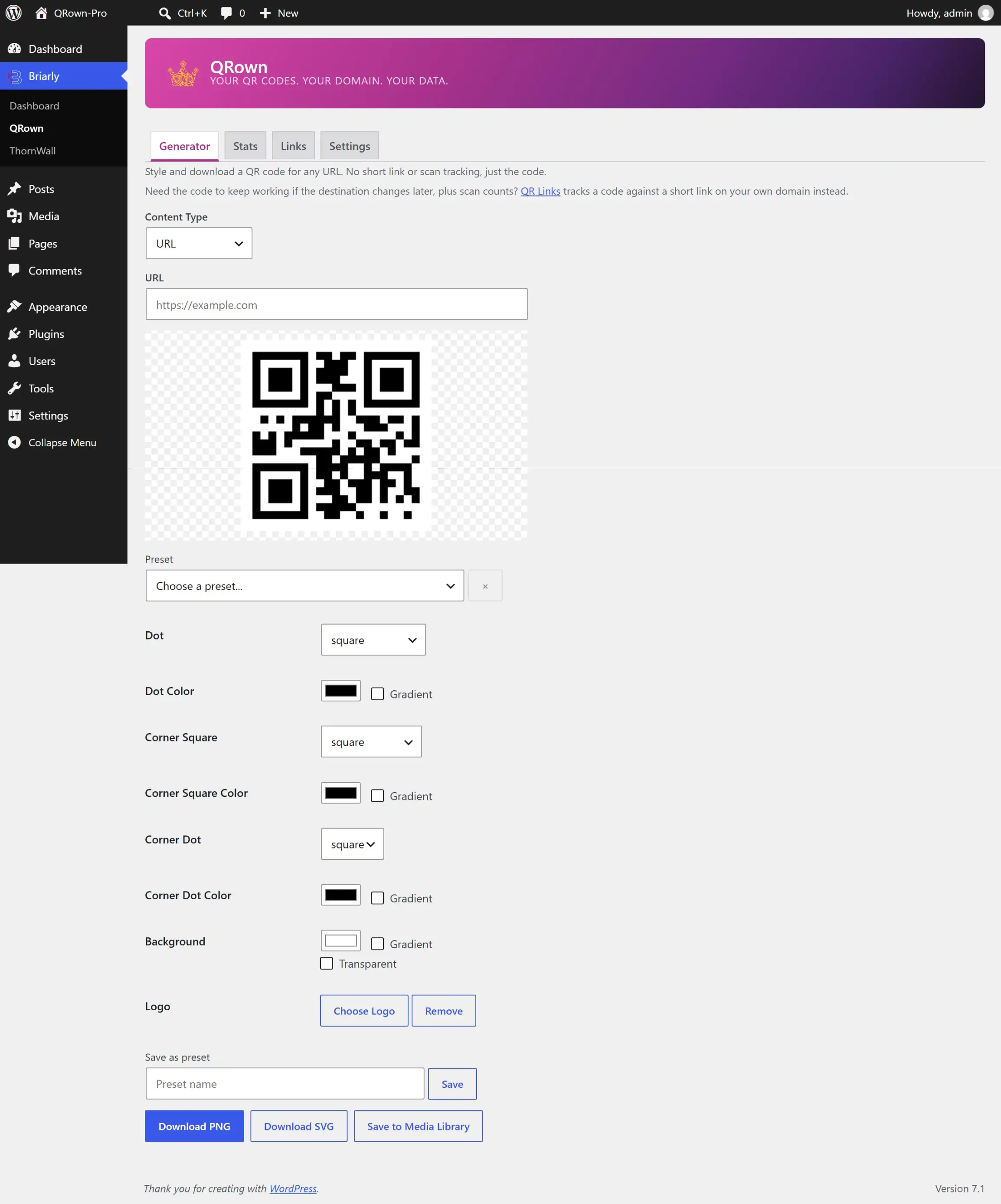 QRown QR code generator showing dot, corner, and color style controls with a live preview