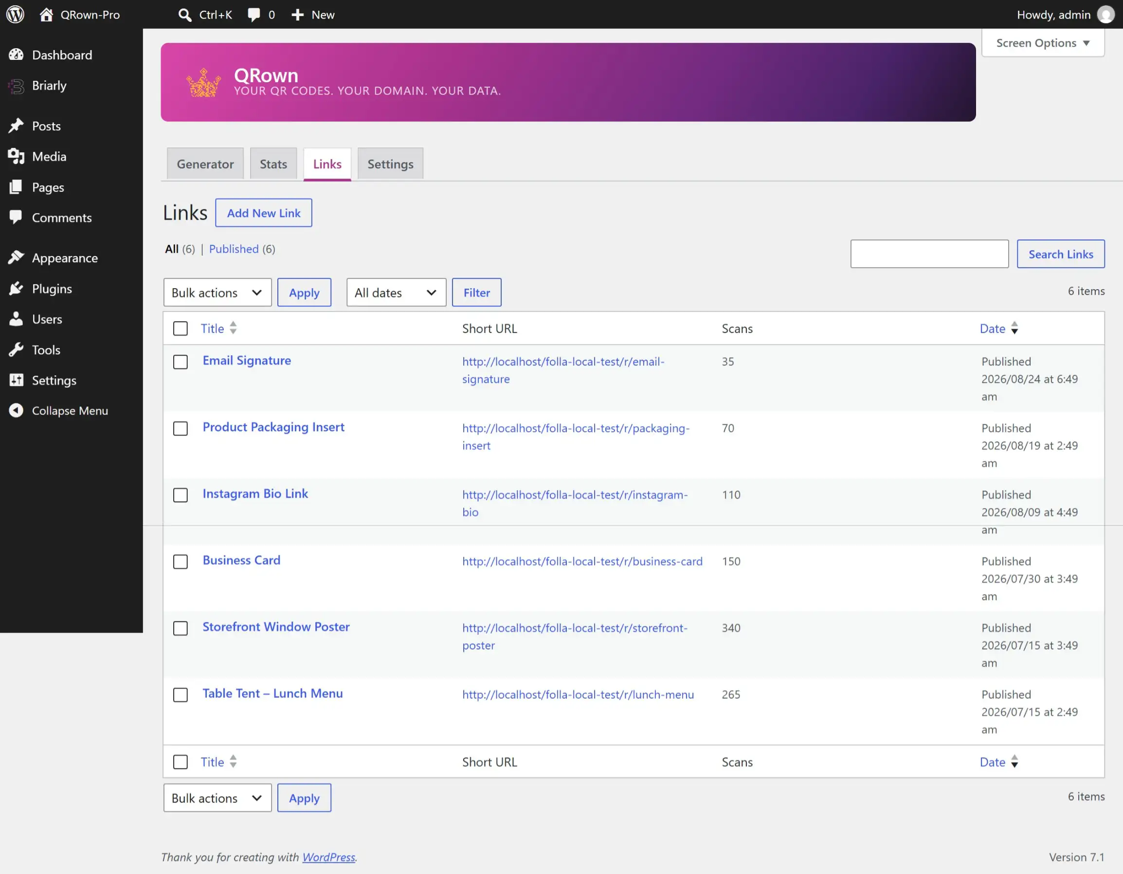 QRown Pro Links list showing branded short URLs on the site's own domain and per-link scan counts