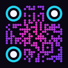 QR code with circular dot modules in a magenta-to-violet gradient on a near-black background with cyan corners