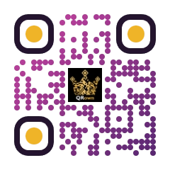 QR code with magenta dot modules and gold circular corners, with a black center badge holding a gold crown mark and the QRown wordmark