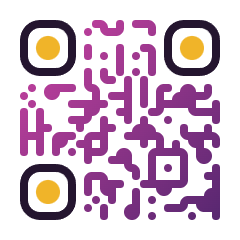 QR code with a magenta-to-blackberry gradient on extra-rounded dots and gold circular corner accents